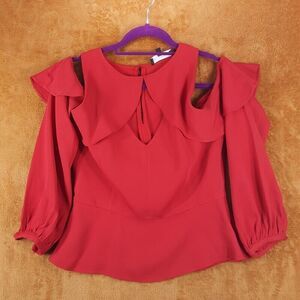 INTERMIX Womens Top Size 8 Red Cold Shoulder Ruffle Peplum Hem Keyhole Back